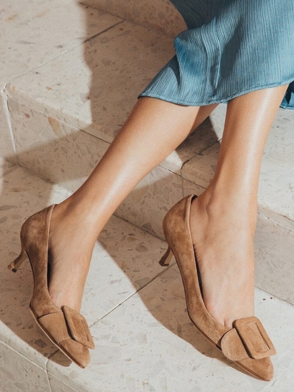 Andrea Carrano Milk Camel Suede Pointed Kitten Heels in Beige